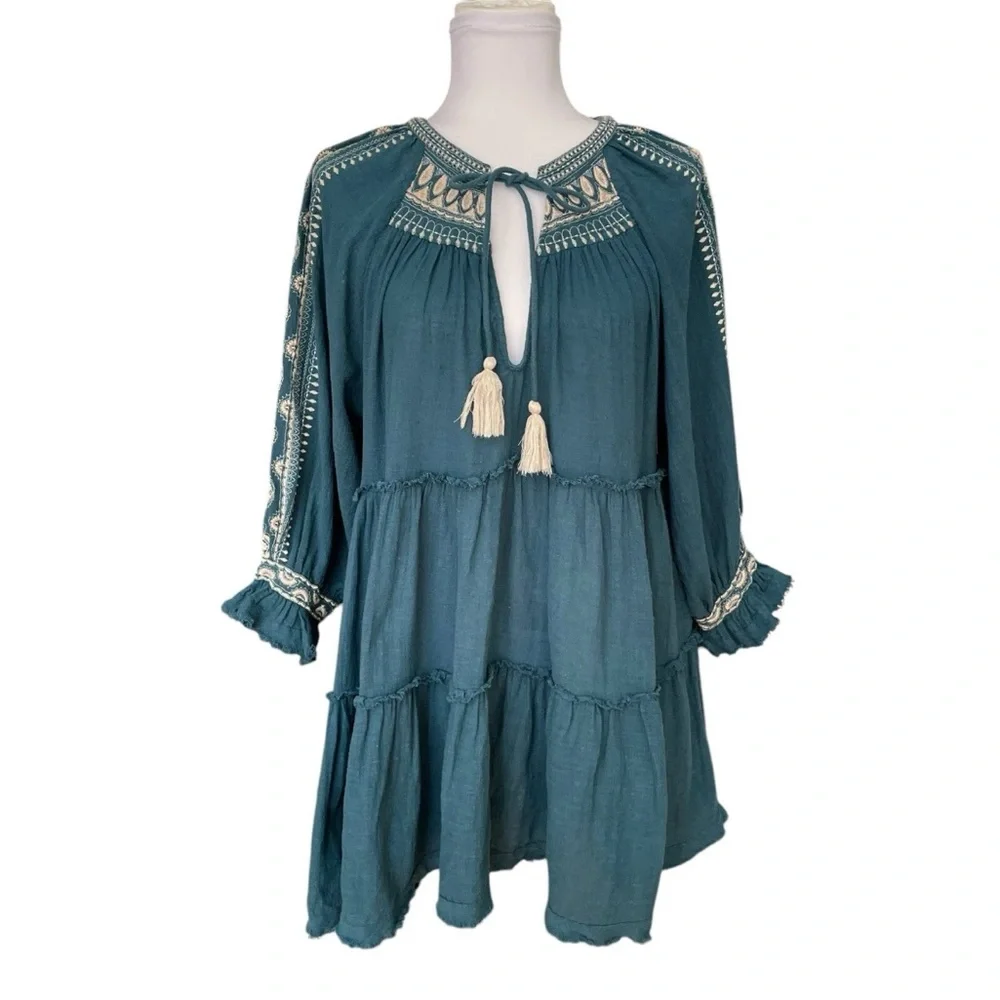 Free People Embroidered Boho Peasant Tunic Top Teal Blue Women’s Medium - Picture 3 of 16